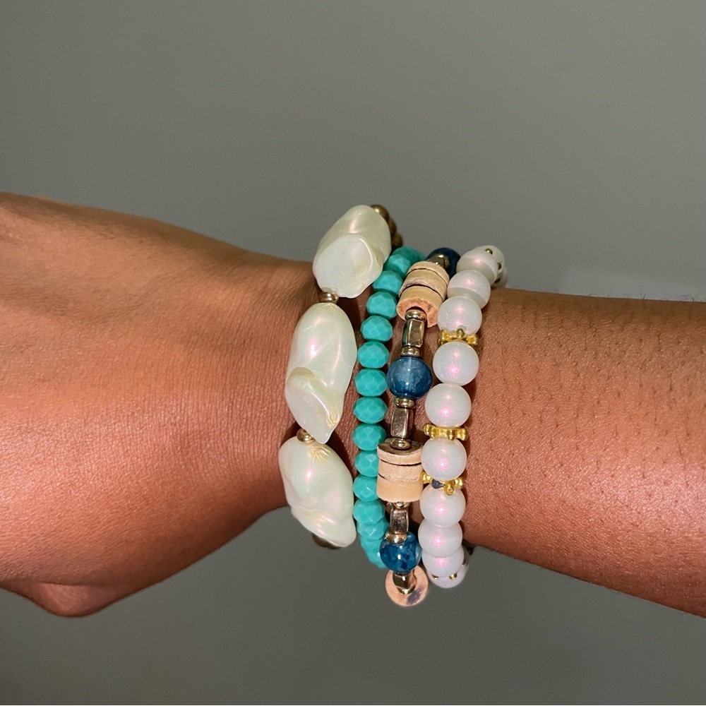 Stacked Beaded Bracelet Set - White, Turquoise & Blue